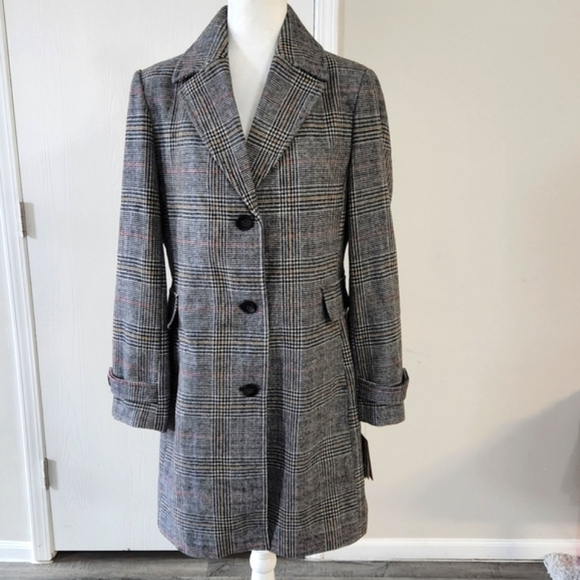 New!Vince Camuto Women's Gray Plaid Button Down Coat - Picture 2 of 11
